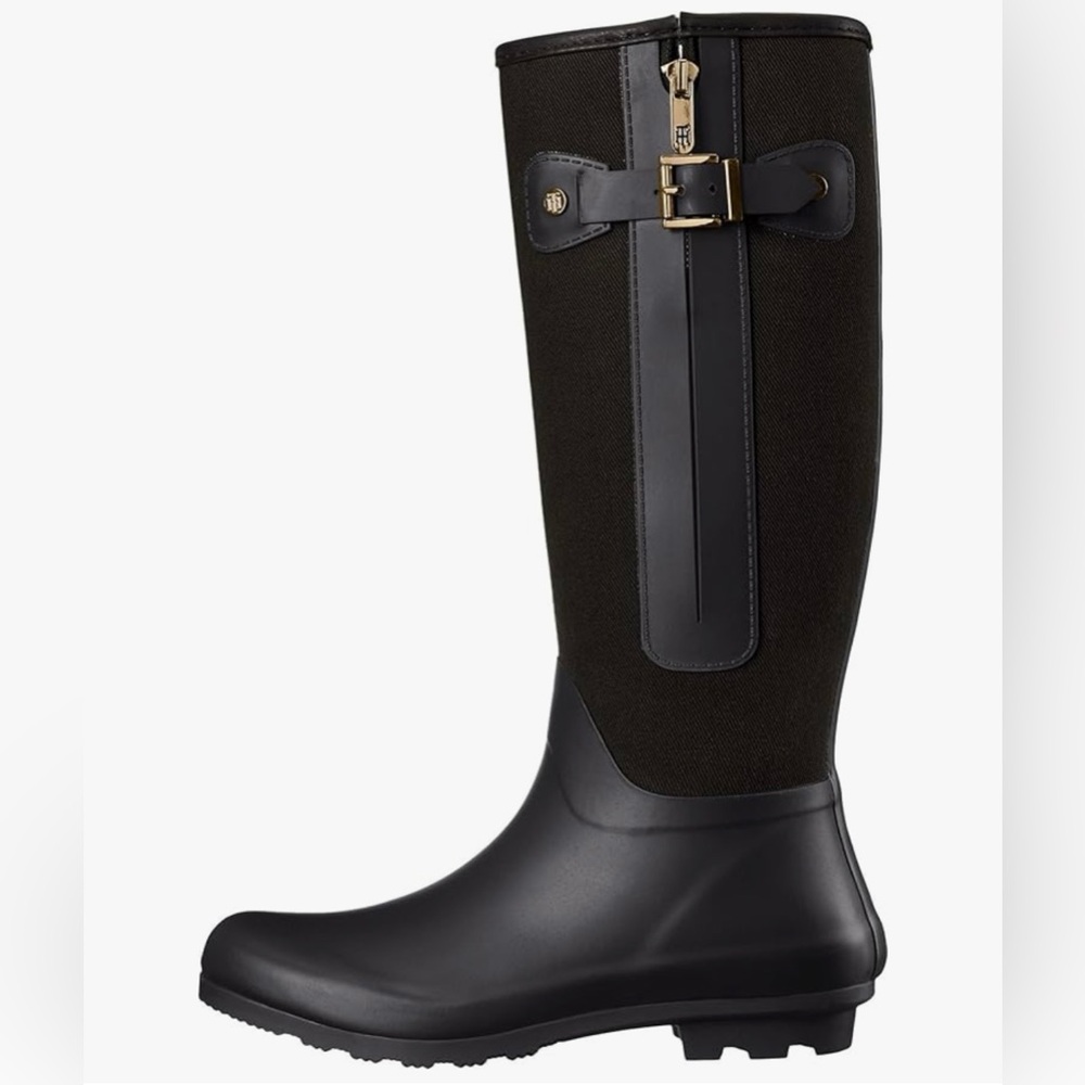 Tommy Hilfiger Women's Mela Rain Boot Size 7 Knee High Black W/Gold Accents EU